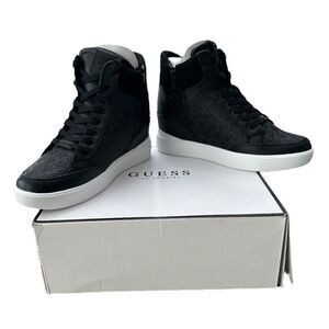 Guess Blairin 4 Rhinestone Logo Print Wedge Black Hi Top Sneakers 9.5 M Black